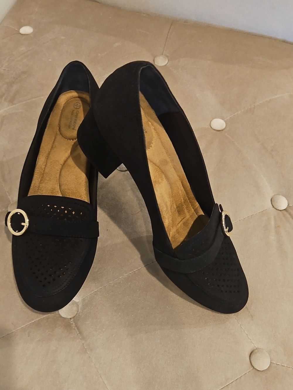 Giani Bernini Black Suede Low Block Heel Pumps with Gold Buckle